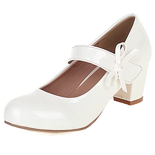 Gicoiz Hochzeit Mary Jane Bride Klassische Blockabsatz Schuhe Pump Bogenknoten Runde Zehen Komfort Party Knöchelriemchen Mode Shiny Dancing Pump Weiß Gr 38 EU-39Cn von Gicoiz