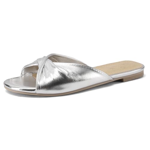 Gicoiz Hochzeit Pantoffeln Damen Flach Schuhe Offene Zeh Bogen Mules Ohne Verschluss Sommer Strand Schuhe Elegant Hausschuhe Pantoffeln Sandals Bride Komfort Silber Gr 40.5 EU-42Cn von Gicoiz