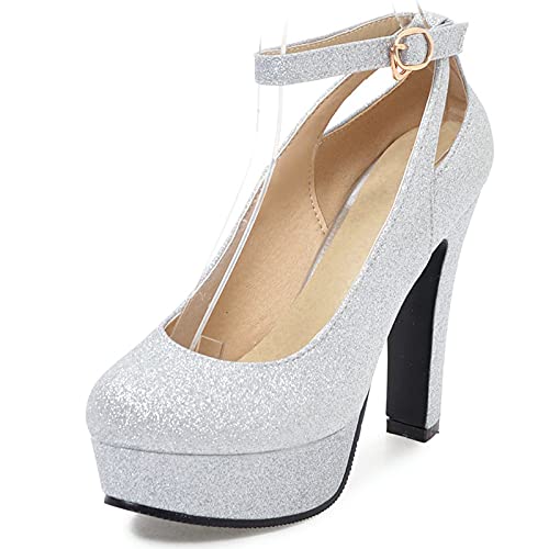 Gicoiz Hochzeit Plateau Höhe Ferse Schuhe Bride Glitzer Pump Mode Runde Zehen Damen Elegant Knöchelriemchen Party Formal Pump Silber Gr 35 EU von Gicoiz