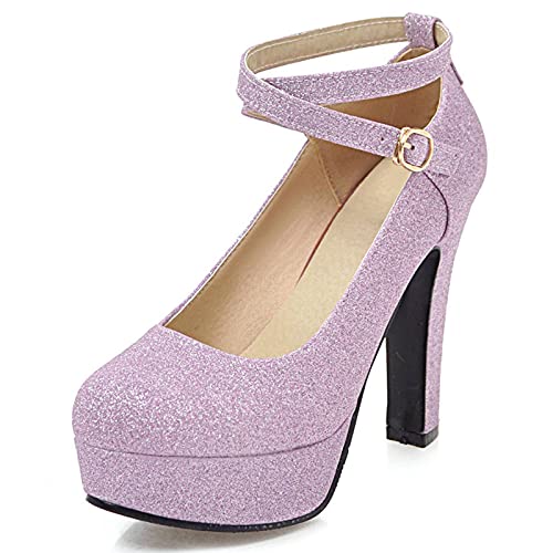 Gicoiz Hochzeit Plateau Höhe Ferse Schuhe Bride Glitzer Pump Mode Runde Zehen Damen Elegant Knöchelriemchen Party Formal Pump Violett Gr 41 EU-43Cn von Gicoiz