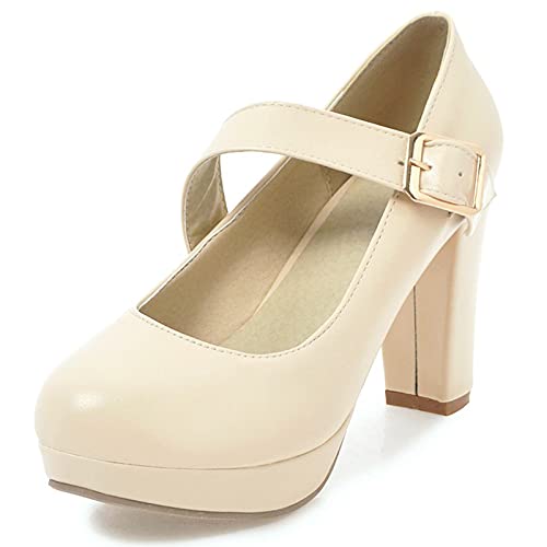 Gicoiz Höhe Ferse Mary Jane Damen Plateau Pump Hochzeit Party Mode Knöchelriemchen Elegant Runde Zehen Pump Formal Beige Gr 37 EU-38Cn von Gicoiz
