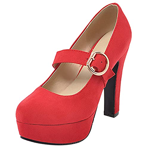 Gicoiz Höhe Ferse Mary Jane Damen Plateau Pump Hochzeit Party Mode Knöchelriemchen Elegant Runde Zehen Pump Formal Rot Gr 40.5 EU-42Cn von Gicoiz