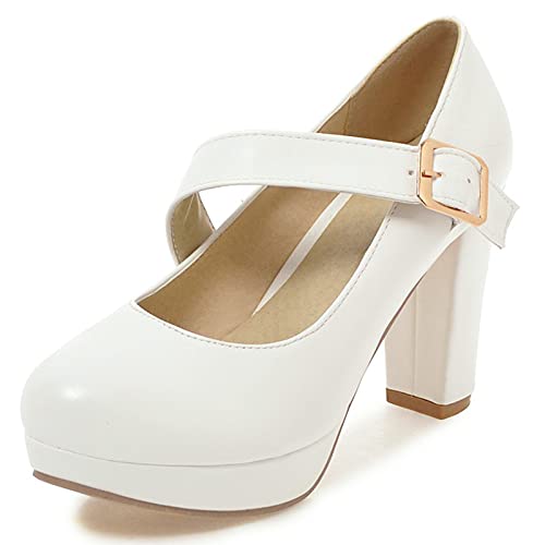 Gicoiz Höhe Ferse Mary Jane Damen Plateau Pump Hochzeit Party Mode Knöchelriemchen Elegant Runde Zehen Pump Formal Weiß Gr 36.5 EU-37Cn von Gicoiz