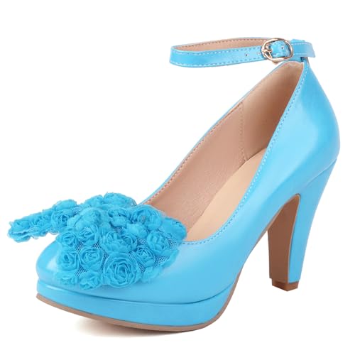 Gicoiz Höhe Ferse Plateau Mary Jane Sommer Hochzeit Pumps Lady Runde Zehen Hochzeit Knöchelriemchen Bogen T Bar Schuhe Slingback Blau Gr 37 EU-38Cn von Gicoiz