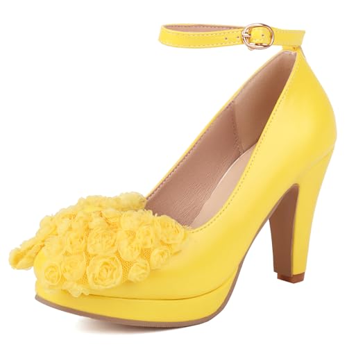 Gicoiz Höhe Ferse Plateau Mary Jane Sommer Hochzeit Pumps Lady Runde Zehen Hochzeit Knöchelriemchen Bogen T Bar Schuhe Slingback Gelb Gr 45 EU-47Cn von Gicoiz