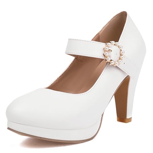 Gicoiz Höhe Ferse Plateau Mary Jane Sommer Hochzeit Pumps Lady Runde Zehen Hochzeit Knöchelriemchen Bogen T Bar Schuhe Slingback Weiß Gr 40.5 EU-42Cn von Gicoiz