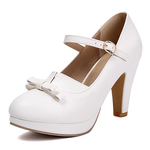 Gicoiz Höhe Ferse Plateau Mary Jane Sommer Hochzeit Pumps Lady Runde Zehen Hochzeit Knöchelriemchen Bogen T Bar Schuhe Slingback Weiß Gr 40.5 EU-42Cn von Gicoiz