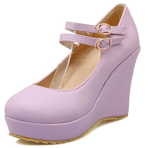 Gicoiz Hohen Keilabsatz Damen Plateau Knöchelriemchen Pumps Runde Zehen Schnalle Espadrille Hochzeit Bogen Schuhe Elegant Violett Gr 40.5 EU-42Cn von Gicoiz