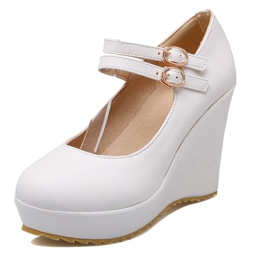 Gicoiz Hohen Keilabsatz Damen Plateau Knöchelriemchen Pumps Runde Zehen Schnalle Espadrille Hochzeit Bogen Schuhe Elegant Weiß Gr 39 EU-40Cn von Gicoiz