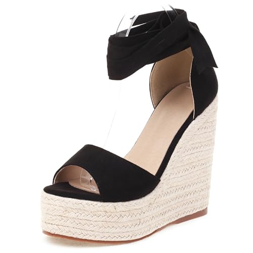Gicoiz Hohen Keilabsatz Espadrille Damen Schnüren Mode Sandals Wildleder Sommer Leisure Komfortabel Plateau Strappy Peep Toe Hochzeit Schwarz Gr 36 EU von Gicoiz