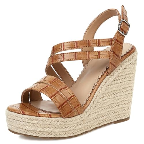 Gicoiz Keilabsatz Espadrille Damen Mode Snakeskin Sandals Schnalle Sommer Strand Offene Zeh Knöchelriemchen Vintage Plateau Höhe Ferse Braun Gr 35 EU von Gicoiz