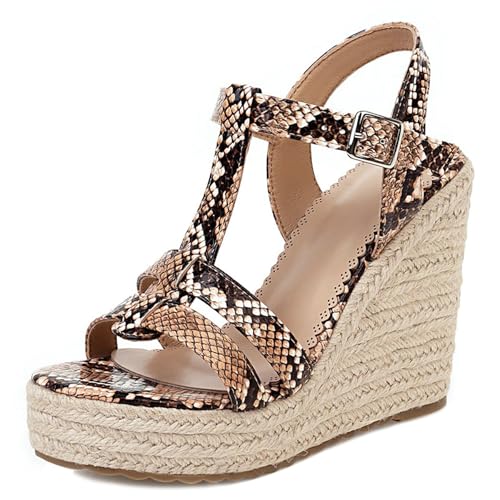 Gicoiz Keilabsatz Espadrille Damen Mode Snakeskin Sandals Schnalle Sommer Strand Offene Zeh Knöchelriemchen Vintage Plateau Höhe Ferse Braun Gr 37 EU-38Cn von Gicoiz