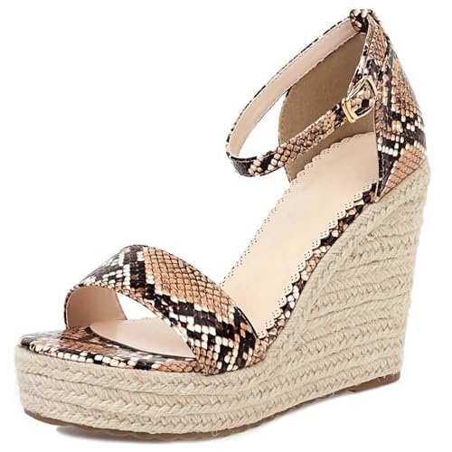 Gicoiz Keilabsatz Espadrille Damen Mode Snakeskin Sandals Schnalle Sommer Strand Offene Zeh Knöchelriemchen Vintage Plateau Höhe Ferse Braun Gr 40.5 EU-42Cn von Gicoiz