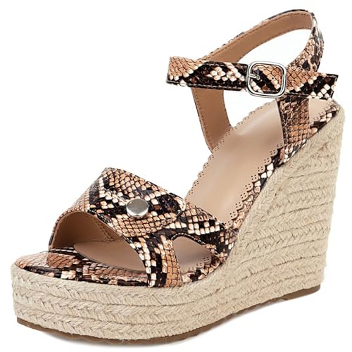 Gicoiz Keilabsatz Espadrille Damen Mode Snakeskin Sandals Schnalle Sommer Strand Offene Zeh Knöchelriemchen Vintage Plateau Höhe Ferse Braun Gr 40.5 EU-42Cn von Gicoiz