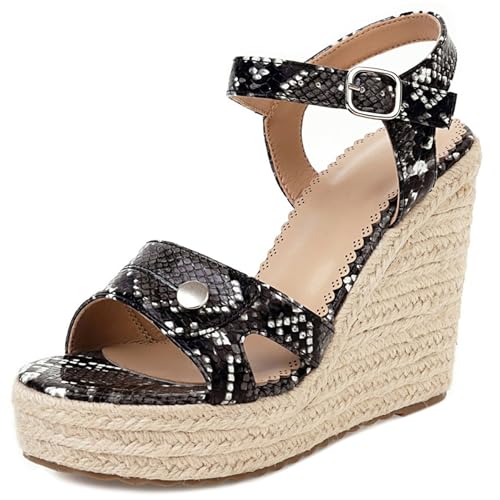 Gicoiz Keilabsatz Espadrille Damen Mode Snakeskin Sandals Schnalle Sommer Strand Offene Zeh Knöchelriemchen Vintage Plateau Höhe Ferse Schwarz Gr 33 EU von Gicoiz