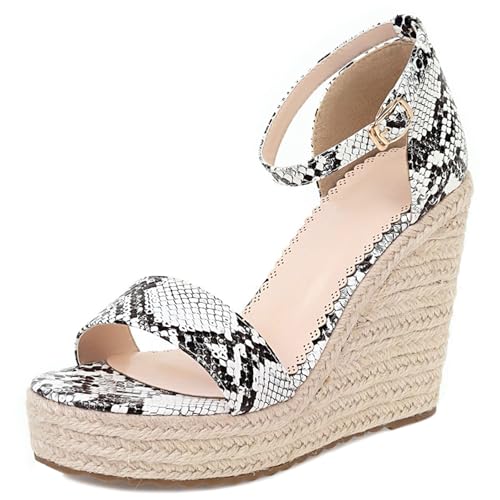Gicoiz Keilabsatz Espadrille Damen Mode Snakeskin Sandals Schnalle Sommer Strand Offene Zeh Knöchelriemchen Vintage Plateau Höhe Ferse Weiß Gr 40.5 EU-42Cn von Gicoiz