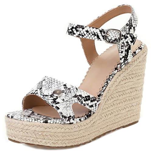 Gicoiz Keilabsatz Espadrille Damen Mode Snakeskin Sandals Schnalle Sommer Strand Offene Zeh Knöchelriemchen Vintage Plateau Höhe Ferse Weiß Gr 40.5 EU-42Cn von Gicoiz