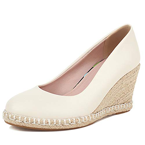 Gicoiz Keilabsatz Espadrille Damen Runde Zehen Plateau Pump Ohne Verschluss Sommer Hochzeit Comfy Geschlossen Höhe Ferse Leisure Pump Schuhe Beige Gr 38 EU-39Cn von Gicoiz