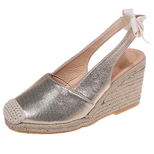 Gicoiz Keilabsatz Espadrille Plateau Damen Slingback Schuhe Runde Zehen Sommer Leisure Ohne Verschluss Heel Pumps Bogen Slipper Gold Gr 38 EU-39Cn von Gicoiz