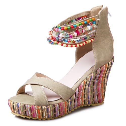 Gicoiz Keilabsatz Espadrille Plateau Damen Sommer Sandales Offene Zeh Knöchelriemchen Komfort Strand Höhe Ferse Beaded Beige Gr 35 EU von Gicoiz