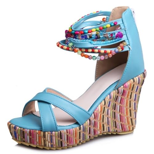 Gicoiz Keilabsatz Espadrille Plateau Damen Sommer Sandales Offene Zeh Knöchelriemchen Komfort Strand Höhe Ferse Beaded Blau Gr 40.5 EU-42Cn von Gicoiz