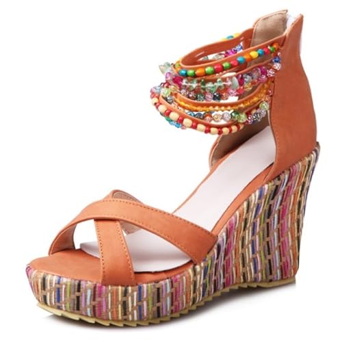 Gicoiz Keilabsatz Espadrille Plateau Damen Sommer Sandales Offene Zeh Knöchelriemchen Komfort Strand Höhe Ferse Beaded Orange Gr 38 EU-39Cn von Gicoiz