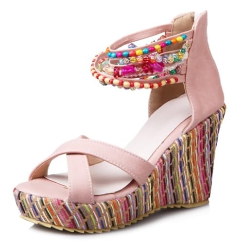 Gicoiz Keilabsatz Espadrille Plateau Damen Sommer Sandales Offene Zeh Knöchelriemchen Komfort Strand Höhe Ferse Beaded Pink Gr 37 EU-38Cn von Gicoiz