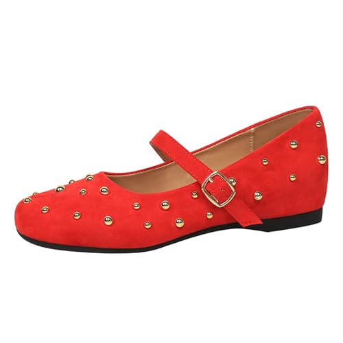 Gicoiz Keilabsatz Mary Jane Damen Square Toe Lovely Pumps Schnalle Knöchelriemchen Studded Sommer Komfort Damen Schuluniform Schuhe Moccasin Rot Gr 40 EU-41Cn von Gicoiz