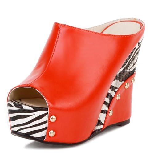Gicoiz Keilabsatz Pantoffeln Plateau Damen Peep Toe Strand Sandals Komfort Sommer Hausschuhe Pantoffeln Mode Höhe Ferse Mule Leisure Rot Gr 38 EU-39Cn von Gicoiz