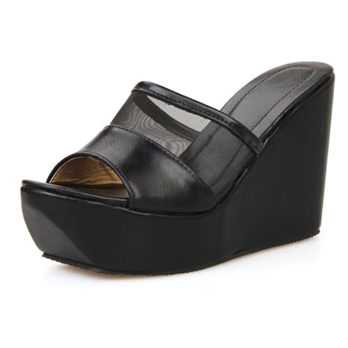 Gicoiz Keilabsatz Pantoffeln Plateau Damen Peep Toe Strand Sandals Komfort Sommer Hausschuhe Pantoffeln Mode Höhe Ferse Mule Leisure Schwarz Gr 35 EU von Gicoiz