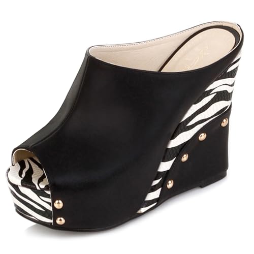 Gicoiz Keilabsatz Pantoffeln Plateau Damen Peep Toe Strand Sandals Komfort Sommer Hausschuhe Pantoffeln Mode Höhe Ferse Mule Leisure Schwarz Gr 40.5 EU-42Cn von Gicoiz