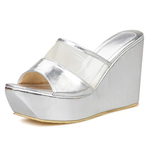 Gicoiz Keilabsatz Pantoffeln Plateau Damen Peep Toe Strand Sandals Komfort Sommer Hausschuhe Pantoffeln Mode Höhe Ferse Mule Leisure Silber Gr 40.5 EU-42Cn von Gicoiz