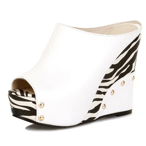 Gicoiz Keilabsatz Pantoffeln Plateau Damen Peep Toe Strand Sandals Komfort Sommer Hausschuhe Pantoffeln Mode Höhe Ferse Mule Leisure Weiß Gr 40.5 EU-42Cn von Gicoiz