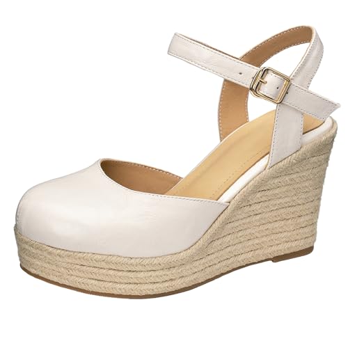 Gicoiz Keilabsatz Sandals Damen Geschlossen Mode Plateau Espadrille Komfort Hochzeit Knöchelriemchen Höhe Ferse Elegant Beige Gr 35 EU von Gicoiz