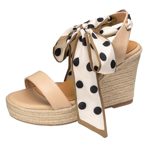 Gicoiz Keilabsatz Sandals Espadrille Damen Plateau Hochzeit Sandals Höhe Ferse Bride Sommer Mode Knöchelriemchen Offene Zeh Schnüren Aprikose Gr 37 EU-38Cn von Gicoiz