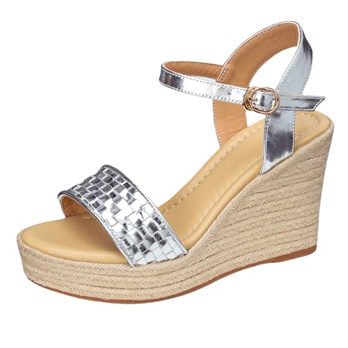Gicoiz Keilabsatz Sandals Espadrille Damen Plateau Hochzeit Sandals Höhe Ferse Bride Sommer Mode Knöchelriemchen Offene Zeh Schnüren Silber Gr 40.5 EU-42Cn von Gicoiz