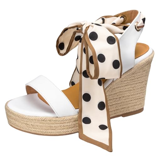 Gicoiz Keilabsatz Sandals Espadrille Damen Plateau Hochzeit Sandals Höhe Ferse Bride Sommer Mode Knöchelriemchen Offene Zeh Schnüren Weiß Gr 36.5 EU-37Cn von Gicoiz