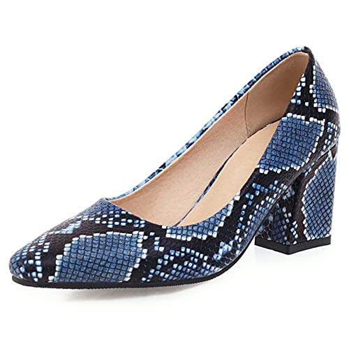 Gicoiz Klassische Arbeit Blockabsatz Schuhe Damen Pointed Toe Pump Ohne Verschluss Mode Snakeskin Party Höhe Ferse Pump Buro Brogue Blau Gr 33 EU von Gicoiz