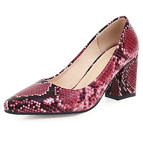 Gicoiz Klassische Arbeit Blockabsatz Schuhe Damen Pointed Toe Pump Ohne Verschluss Mode Snakeskin Party Höhe Ferse Pump Buro Brogue Rot Gr 32 EU von Gicoiz