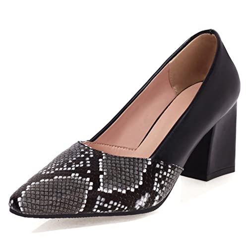 Gicoiz Klassische Arbeit Blockabsatz Schuhe Damen Pointed Toe Pump Ohne Verschluss Mode Snakeskin Party Höhe Ferse Pump Buro Brogue Schwarz Gr 42 EU-44Cn von Gicoiz