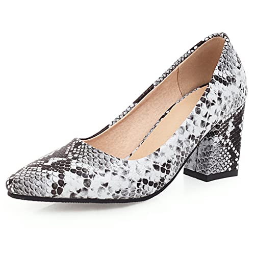 Gicoiz Klassische Arbeit Blockabsatz Schuhe Damen Pointed Toe Pump Ohne Verschluss Mode Snakeskin Party Höhe Ferse Pump Buro Brogue Weiß Gr 32 EU von Gicoiz
