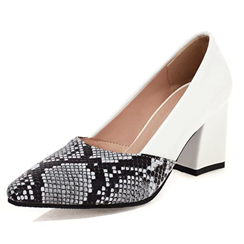 Gicoiz Klassische Arbeit Blockabsatz Schuhe Damen Pointed Toe Pump Ohne Verschluss Mode Snakeskin Party Höhe Ferse Pump Buro Brogue Weiß Gr 35 EU von Gicoiz