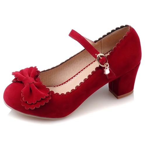 Gicoiz Klassische Mary Jane Blockabsatz Damen Pumps Wildleder Runde Zehen Knöchelriemchen Abend Buro Arbeit Formal Lack Schuhe Bogen Rot Gr 39 EU-40Cn von Gicoiz