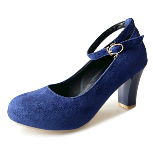 Gicoiz Knöchelriemchen Block Schuhe Damen Runde Zehen Arbeit Schuhe Formal Buro Geschlossen Wildleder Pumps Abend Chunky Blau Gr 33 EU von Gicoiz