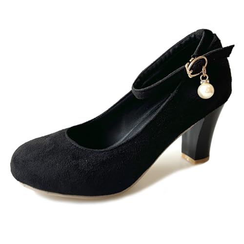 Gicoiz Knöchelriemchen Block Schuhe Damen Runde Zehen Arbeit Schuhe Formal Buro Geschlossen Wildleder Pumps Abend Chunky Schwarz Gr 36 EU von Gicoiz