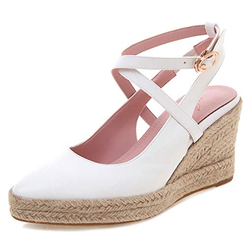 Gicoiz Knöchelriemchen Espadrille Damen Keilabsatz Pump Pointed Toe Mode Schnalle Plateau Sommer Leisure Slingback Schuhe Weiß Gr 37 EU-38Cn von Gicoiz