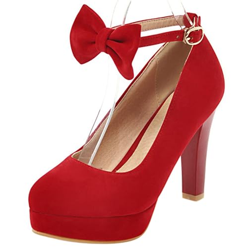 Gicoiz Knöchelriemchen Höhe Ferse Damen Runde Zehen Schuhe Wildleder Plateau Mary Jane Bride Elegant Glitzer Geschlossen Pumps Bogen Rot Gr 40 EU-41Cn von Gicoiz