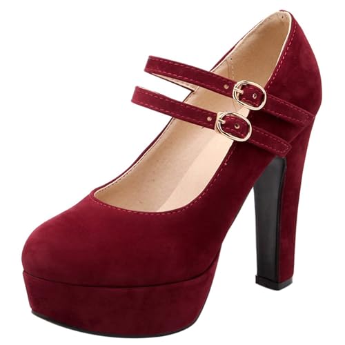 Gicoiz Knöchelriemchen Höhe Ferse Damen Runde Zehen Schuhe Wildleder Plateau Mary Jane Bride Elegant Glitzer Geschlossen Pumps Bogen Rot Gr 43 EU-45Cn von Gicoiz