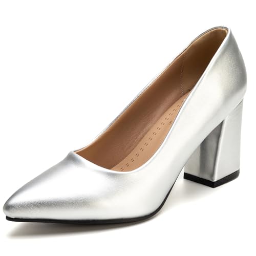 Gicoiz Lack Blockabsatz Damen Pointed Toe Formal Schuhe Ohne Verschluss Hochzeit Höhe Ferse Elegant Abend Buro Pumps Chunky Silber Gr 35 EU von Gicoiz