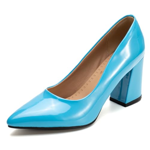 Gicoiz Lack Blockabsatz Damen Pointed Toe Formal Schuhe Ohne Verschluss Hochzeit Höhe Ferse Elegant Abend Buro Pumps Chunky Sky-Blau Gr 40 EU-41Cn von Gicoiz